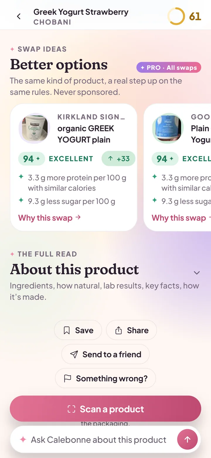Swap ideas: same-category alternatives with measurable deltas such as 8.7 g more protein per 100 g and 4.3 g less sugar per 100 g.