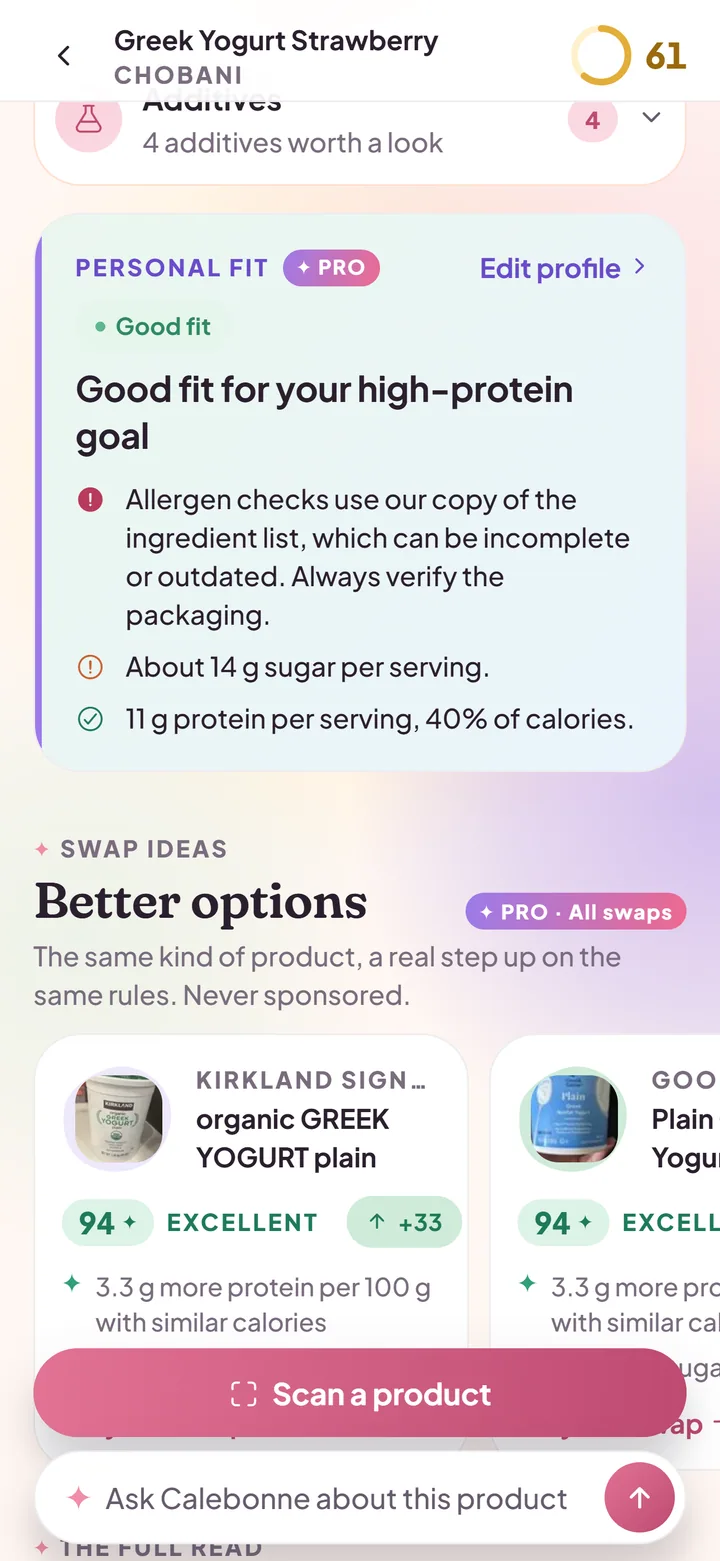 Personal Fit card for Chobani Greek Yogurt Strawberry: Mixed fit for a high-protein goal, with an allergen reminder to verify the packaging, followed by Why this score.