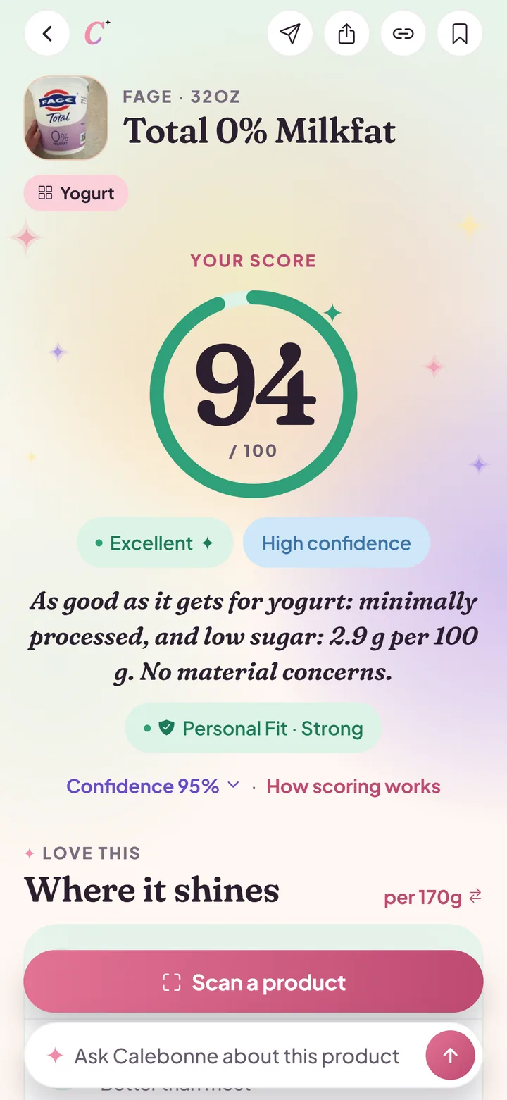 Result screen for Fage Total 0% Milkfat: score 92 in a green ring, Excellent with a sparkle, High confidence chip, a one-line summary, then the Love this list: protein, sugar, additives and lab-grown rows with their values per serving.
